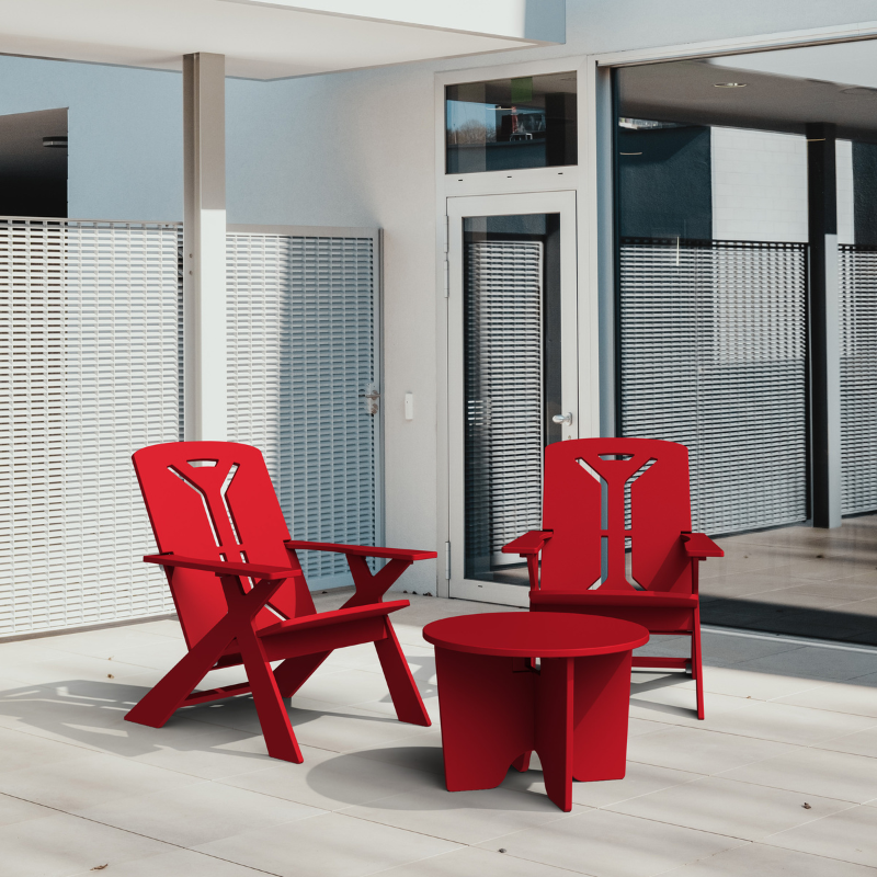 Sustainably made, red outdoor lounge chairs and red outdoor table.