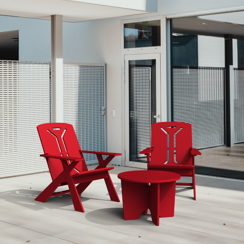 Sustainably made, red outdoor lounge chairs and red outdoor table. 