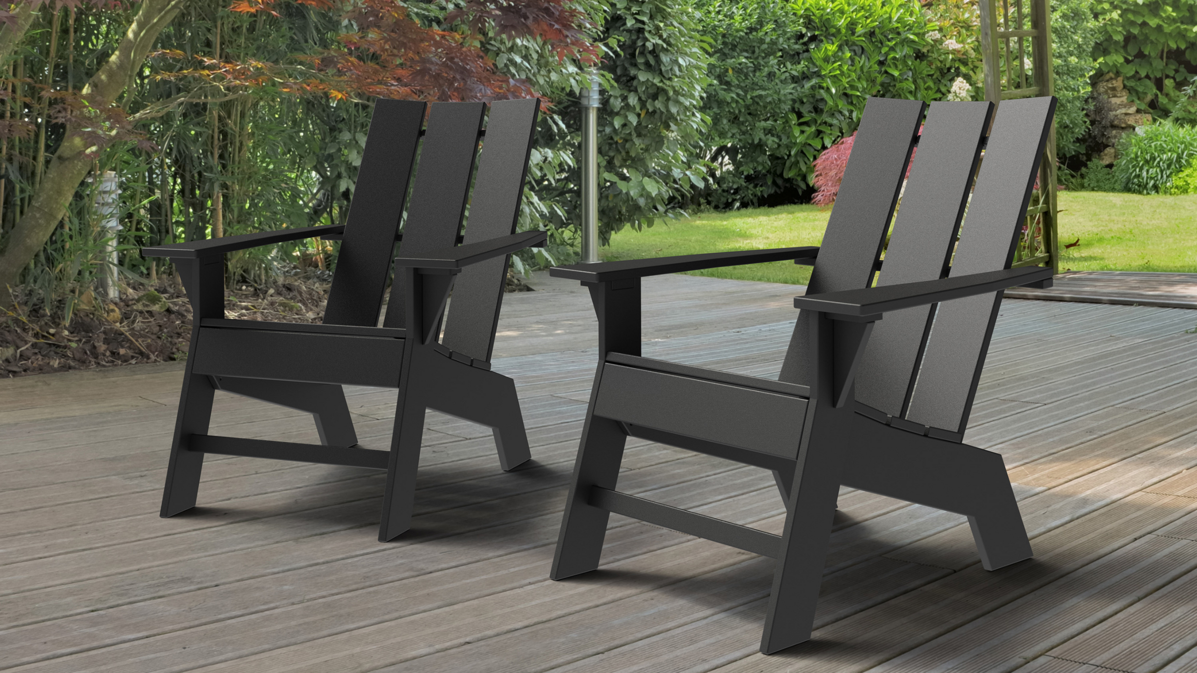 Black, outdoor lounge chairs. Made from recycled materials.